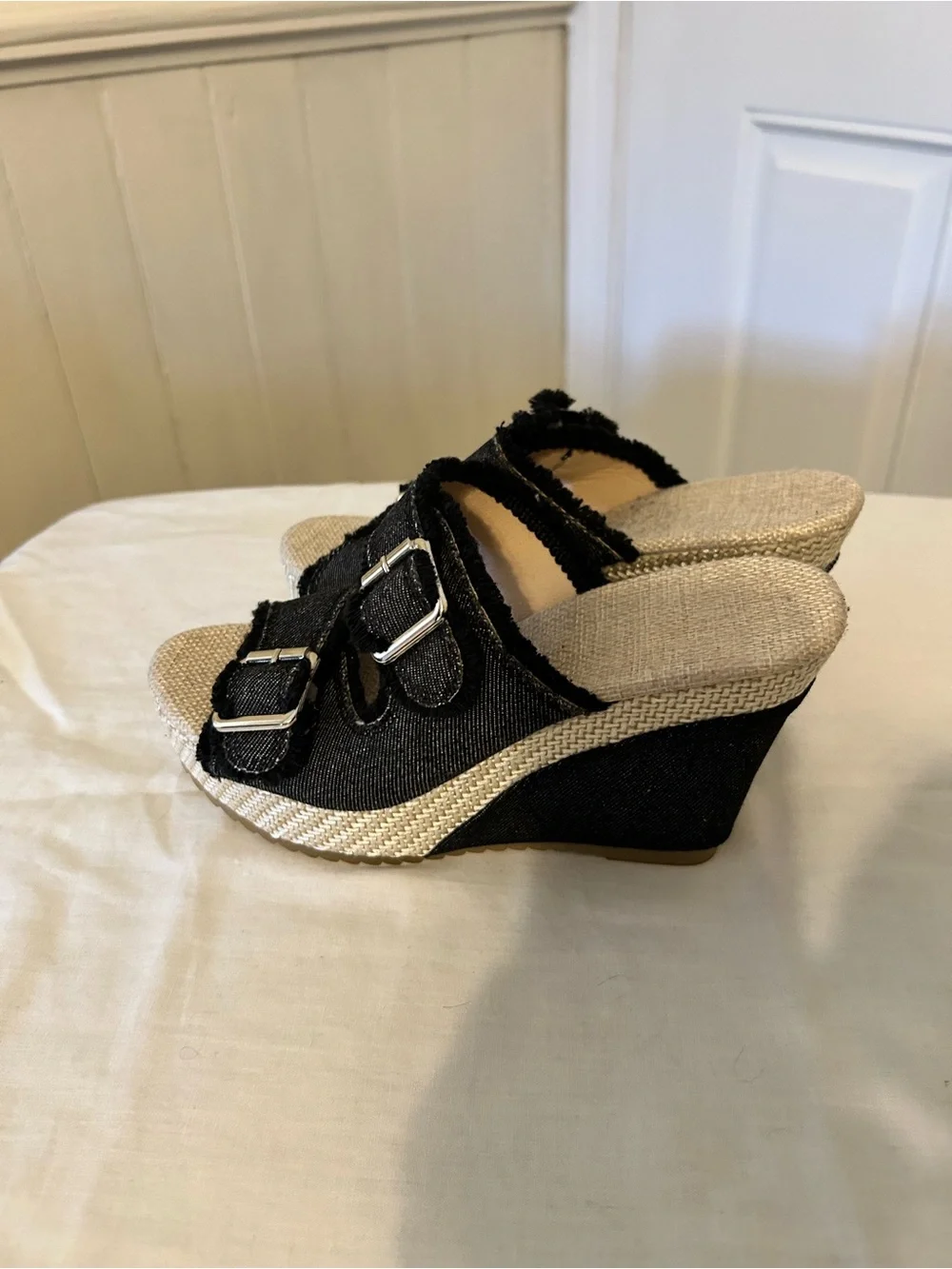 Black Denim Espadrille Wedge Slide Sandals/US Women’s 7.5 (Euro Size 38)/NWOT